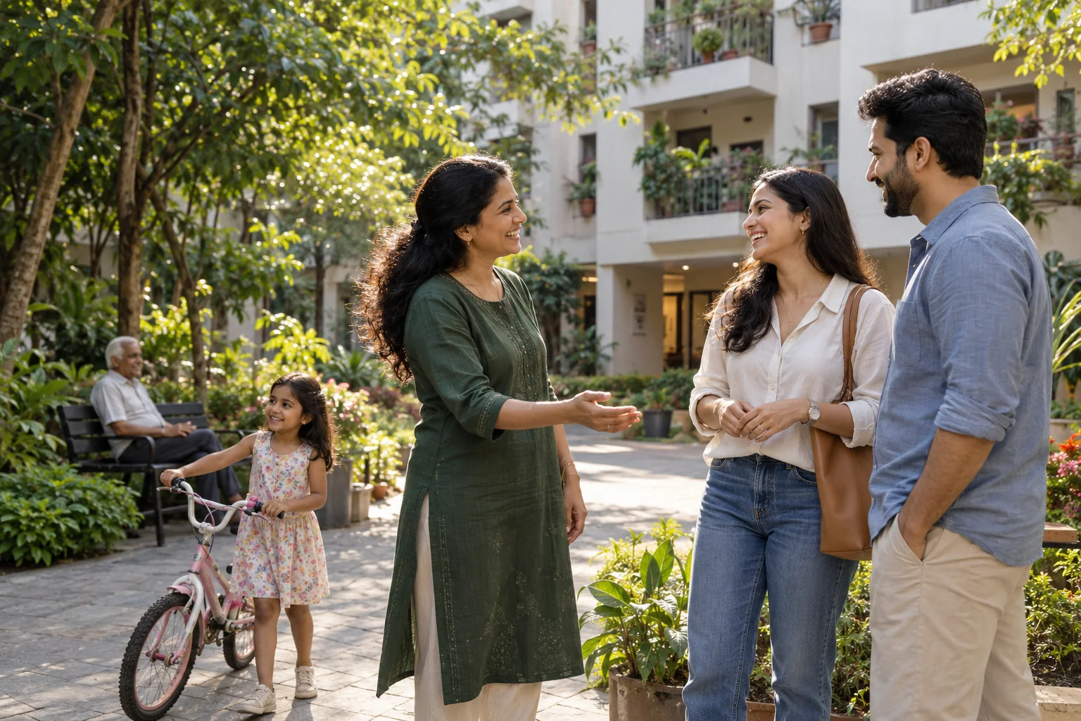 Neighbours and family greeting each other in an apartment courtyard