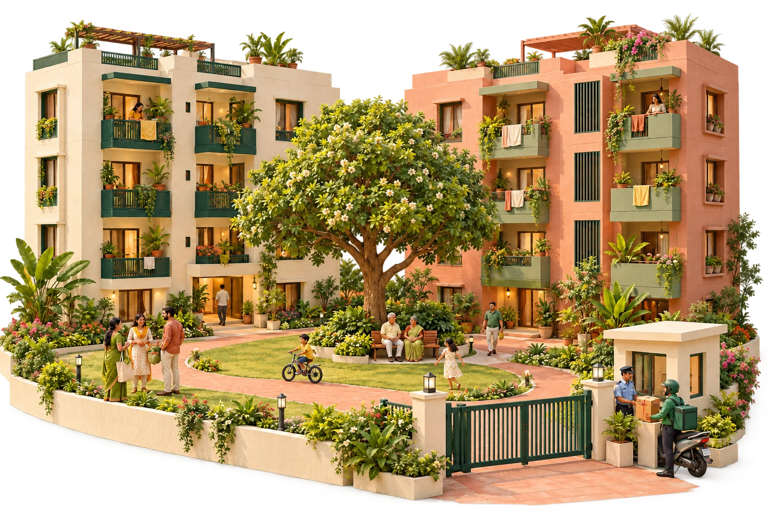 An illustrated apartment courtyard with neighbours chatting, children playing, planted balconies and a guard welcoming a delivery at the entrance