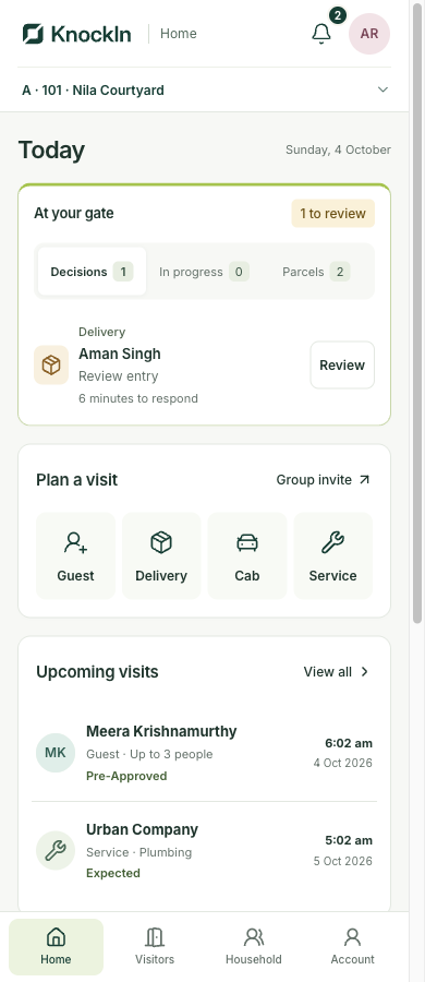 Responsive Home website showing arrivals, visit planning and upcoming guests