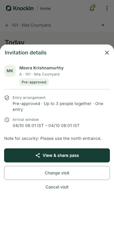 Home invitation for Meera Krishnamurthy, A · 101, with a View and share pass action