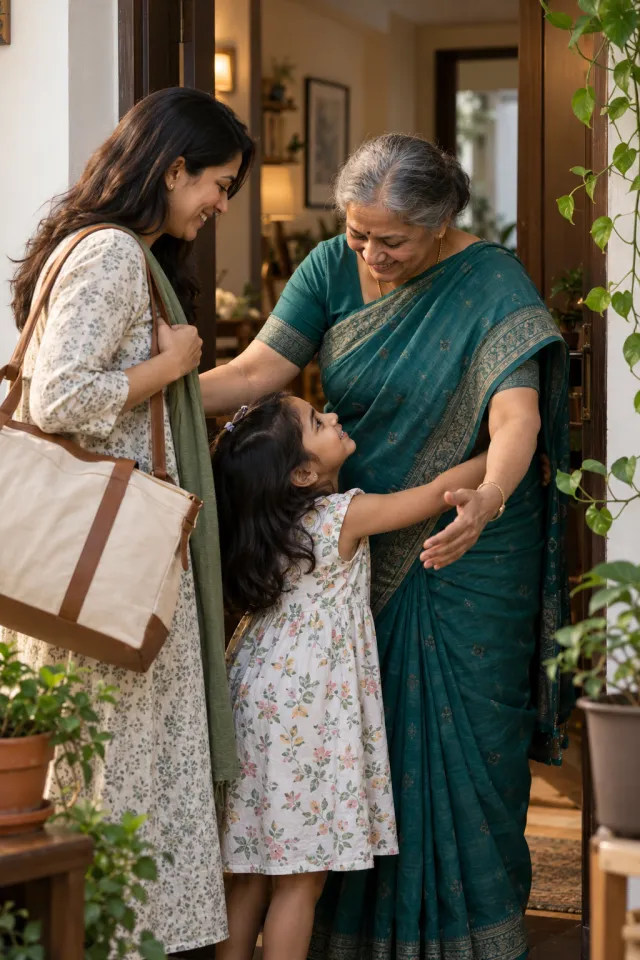 A mother and daughter welcomed at their apartment door